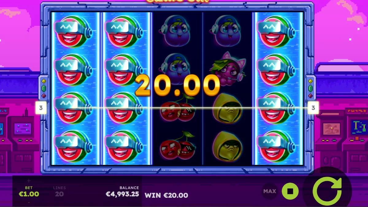 Tampilan visual retro arcade dari slot Frooty Troupe – Game On!