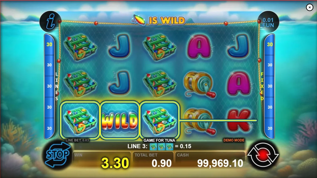 Tangkapan layar permainan slot Game For Tuna dengan tema memancing bawah laut dan nelayan di samping gulungan.