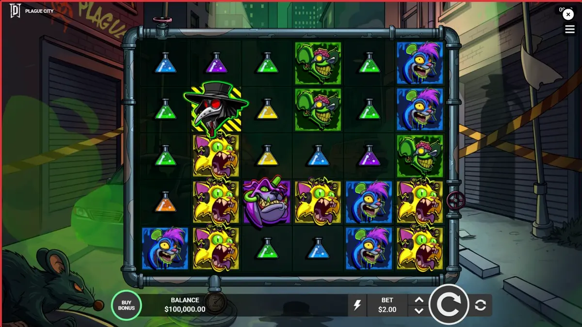 Tampilan visual slot Plague City dengan tema apokaliptik dan elemen laboratorium yang mencekam.