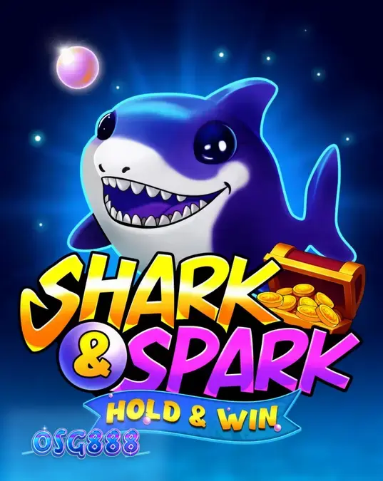Tampilan visual ceria dari slot Shark & Spark Hold & Win dengan karakter hiu kartun.